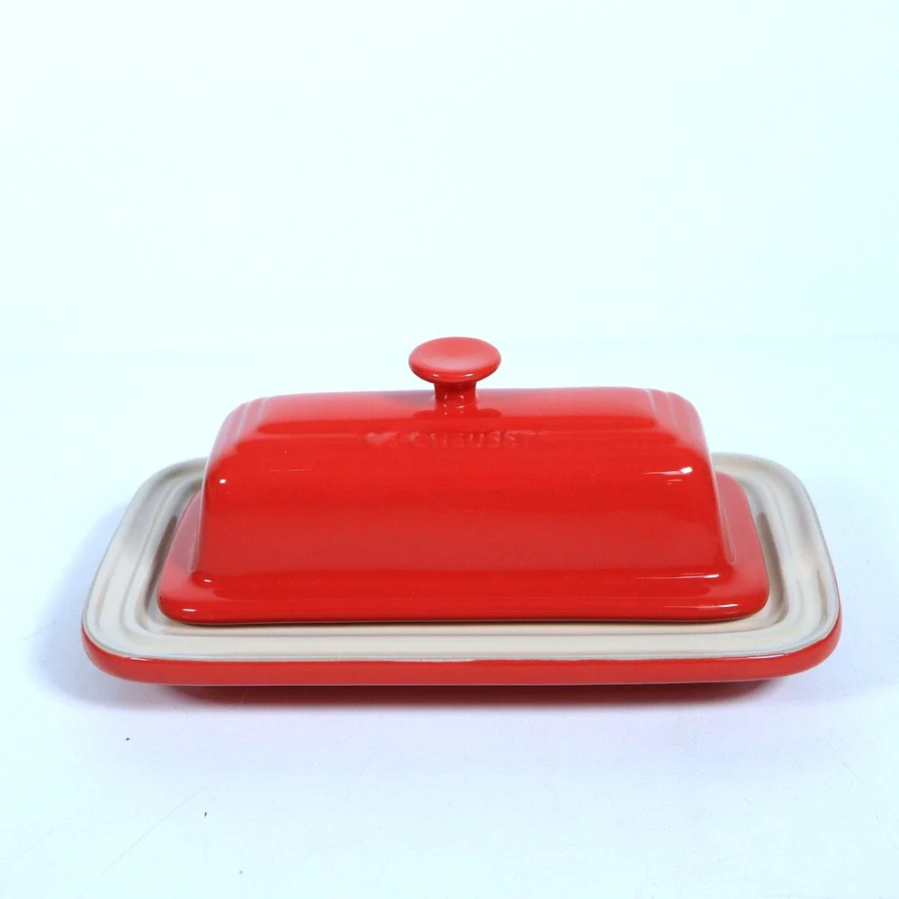 Le Creuset Cerise Red Covered Butter Dish Stoneware 2 Piece Set